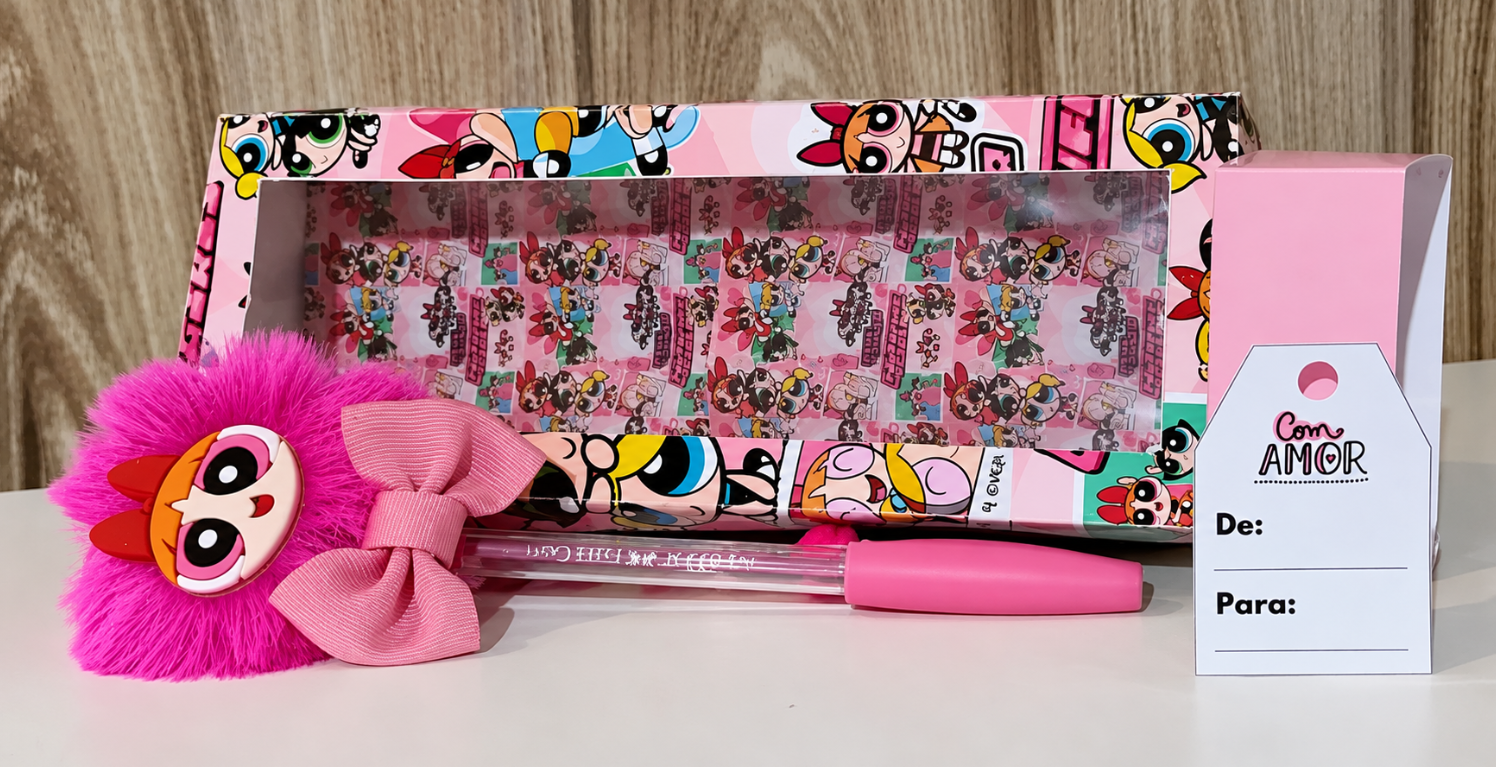 Kit de papelaria personalizado com estojo, caneta decorada e tag Com Amor