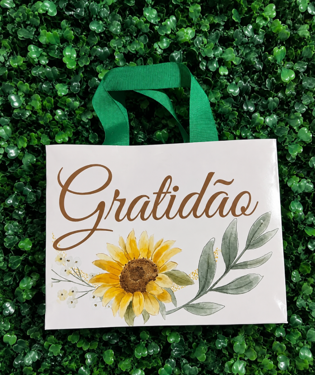 Sacola personalizada com girassol e a palavra Gratidão