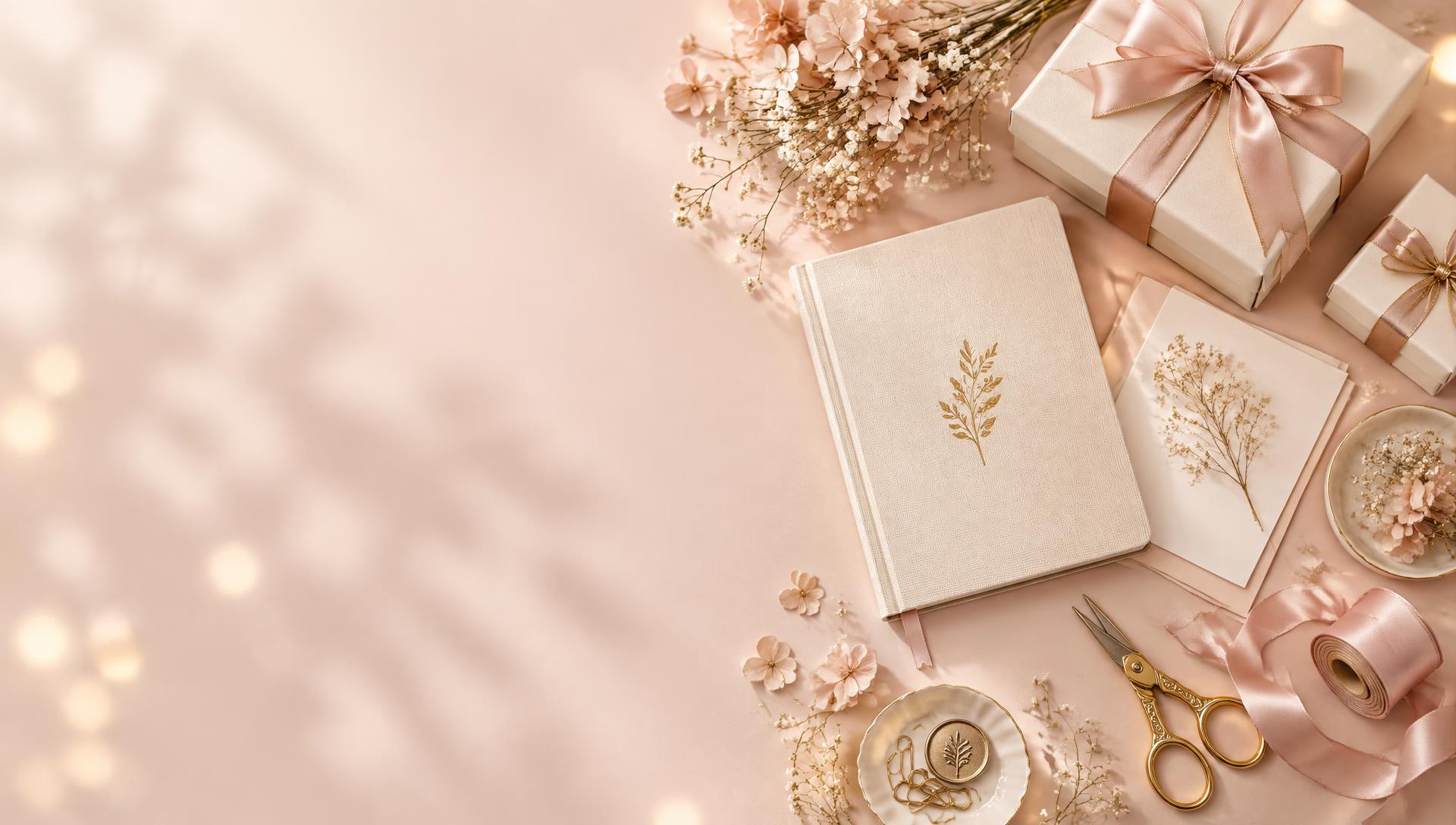 Papelaria e presentes em rosa e dourado, com laços de cetim e caderno personalizado